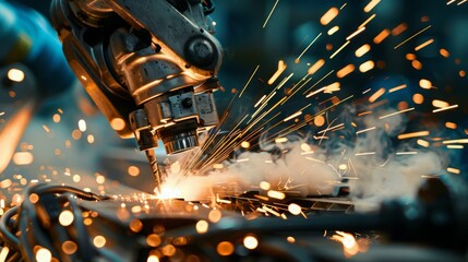 Industrial Robot Arm: Welding and Cutting with Laser in Factory - Panoramic Banner for Manufacturing Technologies