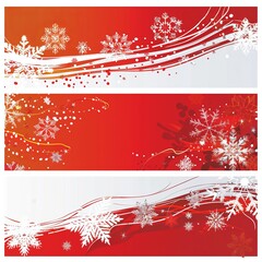Christmas banners with snowflakes, red and white color scheme. The style of traditional Christmas illustrations.