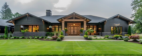 Contemporary Craftsman style home in dark olive with a large front porch and manicured lawns