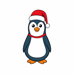 christmas penguin vector illustration, penguin with santa hat, penguin vector art, christmas vector Line art