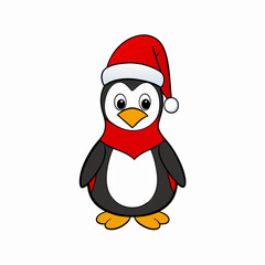 christmas penguin vector illustration, penguin with santa hat, penguin vector art, christmas vector Line art