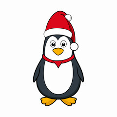 christmas penguin vector illustration, penguin with santa hat, penguin vector art, christmas vector Line art