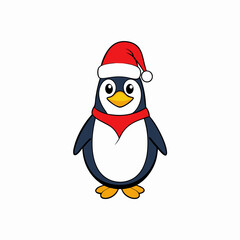 christmas penguin vector illustration, penguin with santa hat, penguin vector art, christmas vector Line art