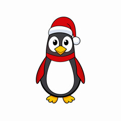 christmas penguin vector illustration, penguin with santa hat, penguin vector art, christmas vector Line art