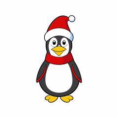 christmas penguin vector illustration, penguin with santa hat, penguin vector art, christmas vector Line art