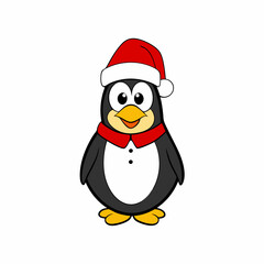 christmas penguin vector illustration, penguin with santa hat, penguin vector art, christmas vector Line art