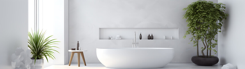Obraz premium White bathtub and green plant in a minimal bathroom, perfect for spa and relaxation 