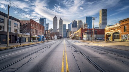 Empty Street in City - A wide angle view of an empty street in a city, with tall buildings in the background. The street is paved with asphalt and has a pair of yellow lines down the center. - A wide 