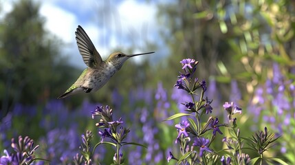 Obraz premium Hummingbird in Flight over Purple Flowers.
