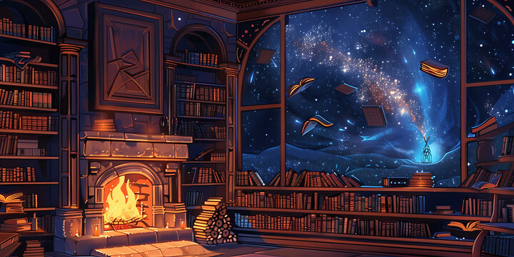 A cozy library with warm firelight and a window view of a magical starry night with flying books, perfect for fantasy and fairytale stories 
