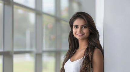 Attractive Indian Female Portrait: Long Brown Hair Isolated on White Background - Diversity and Beauty Banner