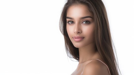 Obraz premium Portrait of Attractive Indian Female: 30s Long Brown Hair Isolated on White Background - Concept of Cultural Beauty and Diversity