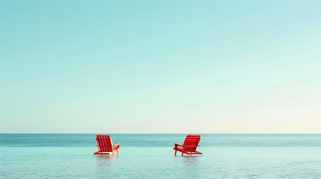 Two Red Chairs by Ocean