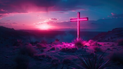 A cross stands alone in the desert, with a beautiful sunset in the background