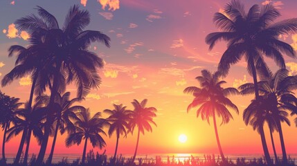 Fototapeta premium silhouette palm trees sunrise beach photo , tropical beach sunrise palm tree silhouettes , palm tree silhouettes at sunrise on a beach vacation