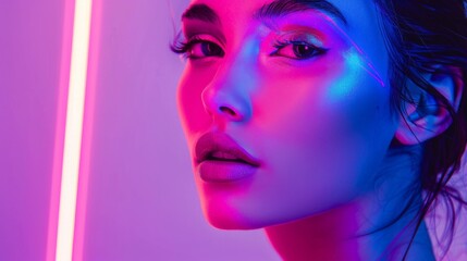 A close-up of a woman's face illuminated by neon lights
