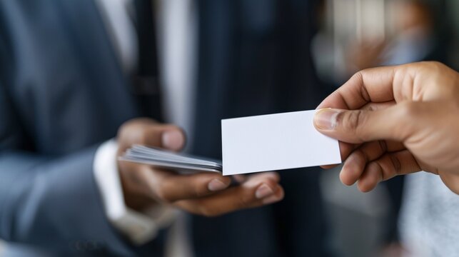 A close-up of a business card being exchanged, highlighting the importance of personal branding and professional networking