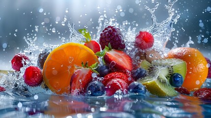 Vibrant Fruit Splash - A close-up of a vibrant mix of fruits, including oranges, kiwi, strawberries, and blueberries, splashing into a pool of water. The image captures the freshness and juiciness of 