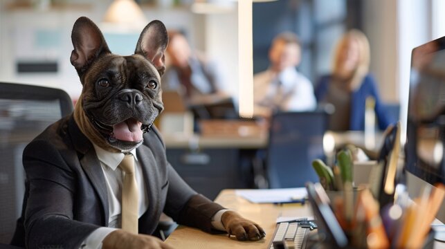 A humorous image of a dog in a suit sitting at a desk, with a computer and office supplies, in a professional office setting, colleagues smiling in the background, adding a unique and fun element to