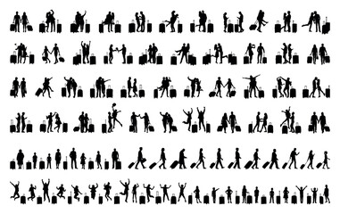 Collection of couple and people all ages with suitcases travel bags in different poses vector silhouettes set. Travelers with travel bags in various poses black silhouette set collection.