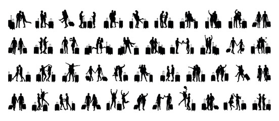 Collection of traveling couple with luggage travel bags vector silhouettes set. Tourist couple with travel bags various poses vector silhouette set collection.