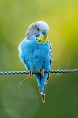 Blue Budgie Perched on Wire.