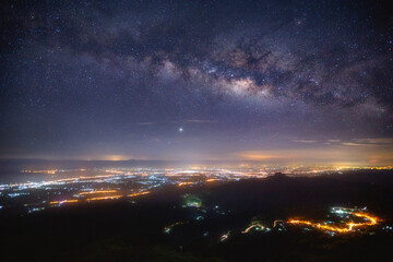 Milky Way galaxy  at  Phu Thap Boek, Phetchabun Province, Thailand. Long exposure photograph, with grain.Image contain certain grain or noise and soft focus.