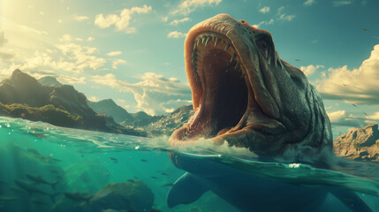 Fototapeta premium A gigantic ancient fish breaching the surface of a prehistoric lake, with distant mountains and dense vegetation on the shore. 