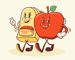 Groovy Back to School Retro Characters. Cartoon Apple and Backpack. Vector Education Mascot Templates. Happy Vintage Cool Learning Personage Illustrations Isolated