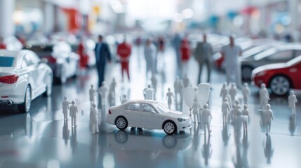 Fototapeta premium Miniature figures around a detailed toy car in a busy showroom with colorful vehicles in the background
