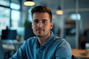 Obraz premium A person sitting at a desk wearing a blue shirt, suitable for office or workspace use