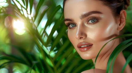 Fototapeta premium Woman gazes back, amidst lush foliage, her glow radiant