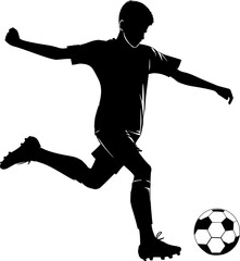 Silhouette soccer player kicking ball, football player vector illustration