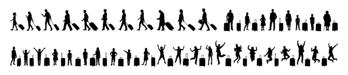 People different ages and gender with suitcases vector silhouettes set.