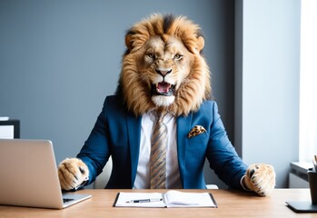 Portrait of happy smiling roar lion wear suits working in office, the boss, Creative animal concept