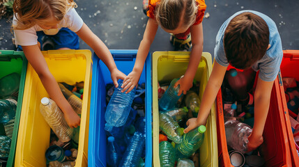 Kids sorting recyclables into different bins, vibrant colors of the bins, left third copy space