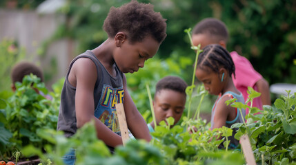 Fototapeta premium Children tending to a community garden, rich greenery and engaged faces, bottom third copy space
