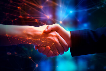 A professional handshake with a digital network overlay represents connectivity, ideal for an abstract, wallpaper, or background concept