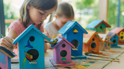 Children building and painting birdhouses, bright colors and focused creativity, left third copy space