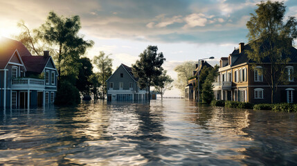 Obraz premium A serene yet poignant scene of a flooded suburban neighborhood at sunset, reflecting on water.