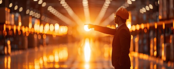 Silhouette of a man pointing towards a bright light in a warehouse with shelves.