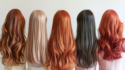 Fototapeta premium Back view of various long wigs in different colors