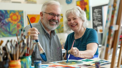 Middle-Aged Couple Enjoying Painting Class in Bright Artistic School 