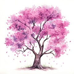 A tree with pink leaves is painted on a white background