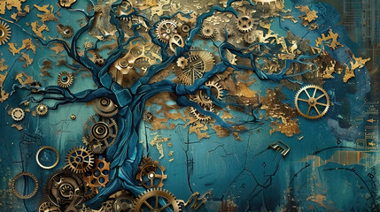Fototapeta premium wood, tree, nature, art, vintage background, products, enginer, generative, ai, steampunk, clock background, mechanical, pink, gold, gear, clock, movement, old, illustration, vector, landscape, painti