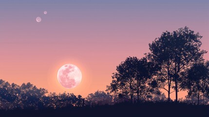 Obraz premium A serene landscape featuring the silhouette of trees against a dusk sky with the setting sun and a rising moon in the backdrop