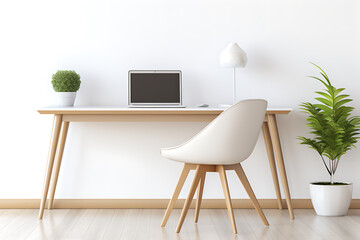 Minimalist white desk with wooden legs, white chair, and green plants, perfect for a modern home office. 
