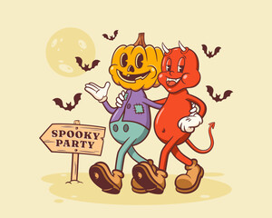 Halloween Groovy Pumpkin and Demon Retro Characters. Cartoon Spooky Personage Walking Smiling with Bats and Full Moon. Vector Autumn Holiday Mascot Template. Happy Vintage Cool Illustration Isolated