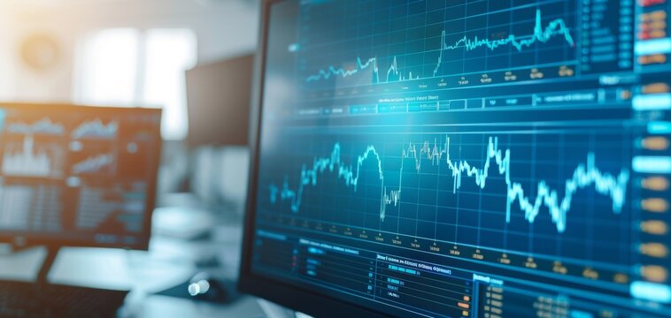 Close-up view of computer monitors displaying financial graphs and stock market data. Modern trading concept with data analysis. Banking success built on accurate performance statistics