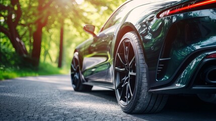 Sport Car with Black Alloy Wheels on Asphalt Road, Copy Space